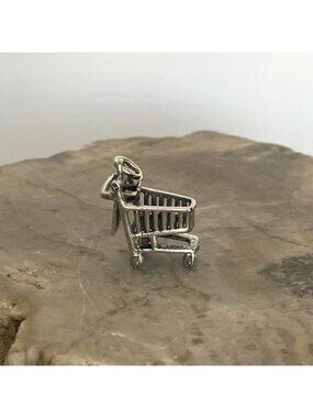 VTG Rhodium Plated Sterling Silver 925 3D Dimensional Shopping Cart Charm